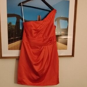David's Bridal One-Shoulder Satin Coral-Red Cocktail Dress